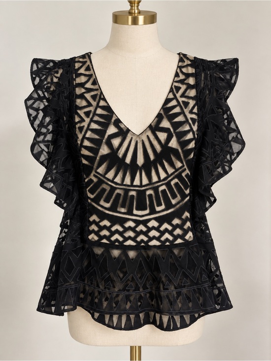 BCBGMaxAzria Tops - BCBGMaxAzria Black Geometric Lace V-Neck Flutter Sleeve Top